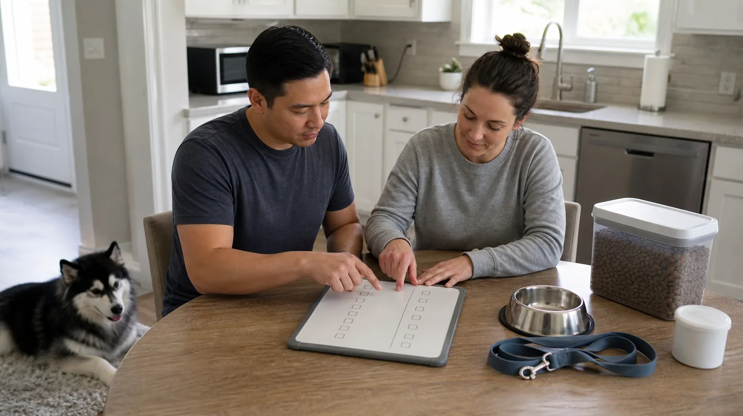 Two caregivers reviewing a blank handoff board beside organized Pomsky care supplies