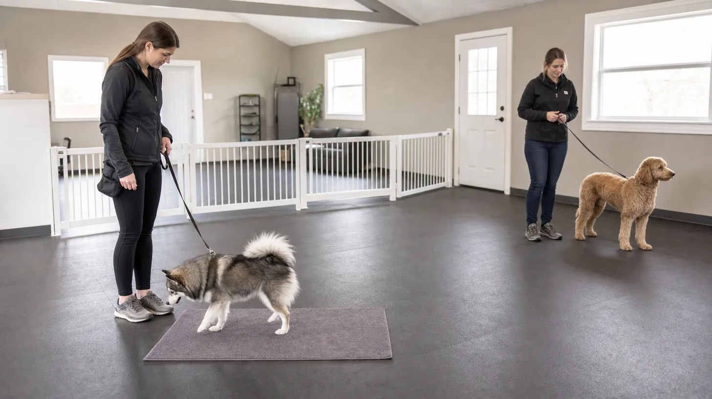 Pomsky moves to a mat while another dog remains with a handler at distance