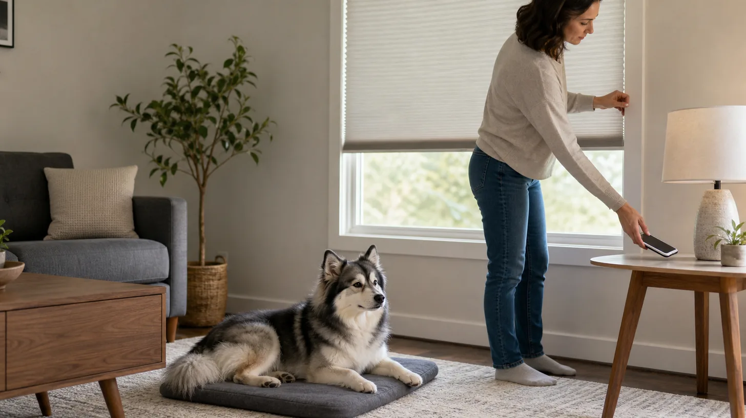 Pomsky rests away from a window while a caregiver closes a blind and puts a phone face-down
