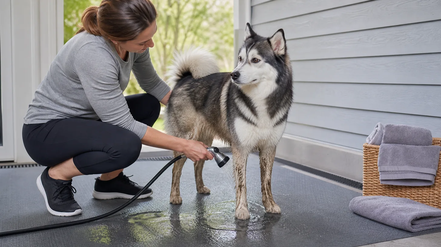 Caregiver gently rinses ordinary mud from a Pomsky's lower leg on a nonslip wash mat