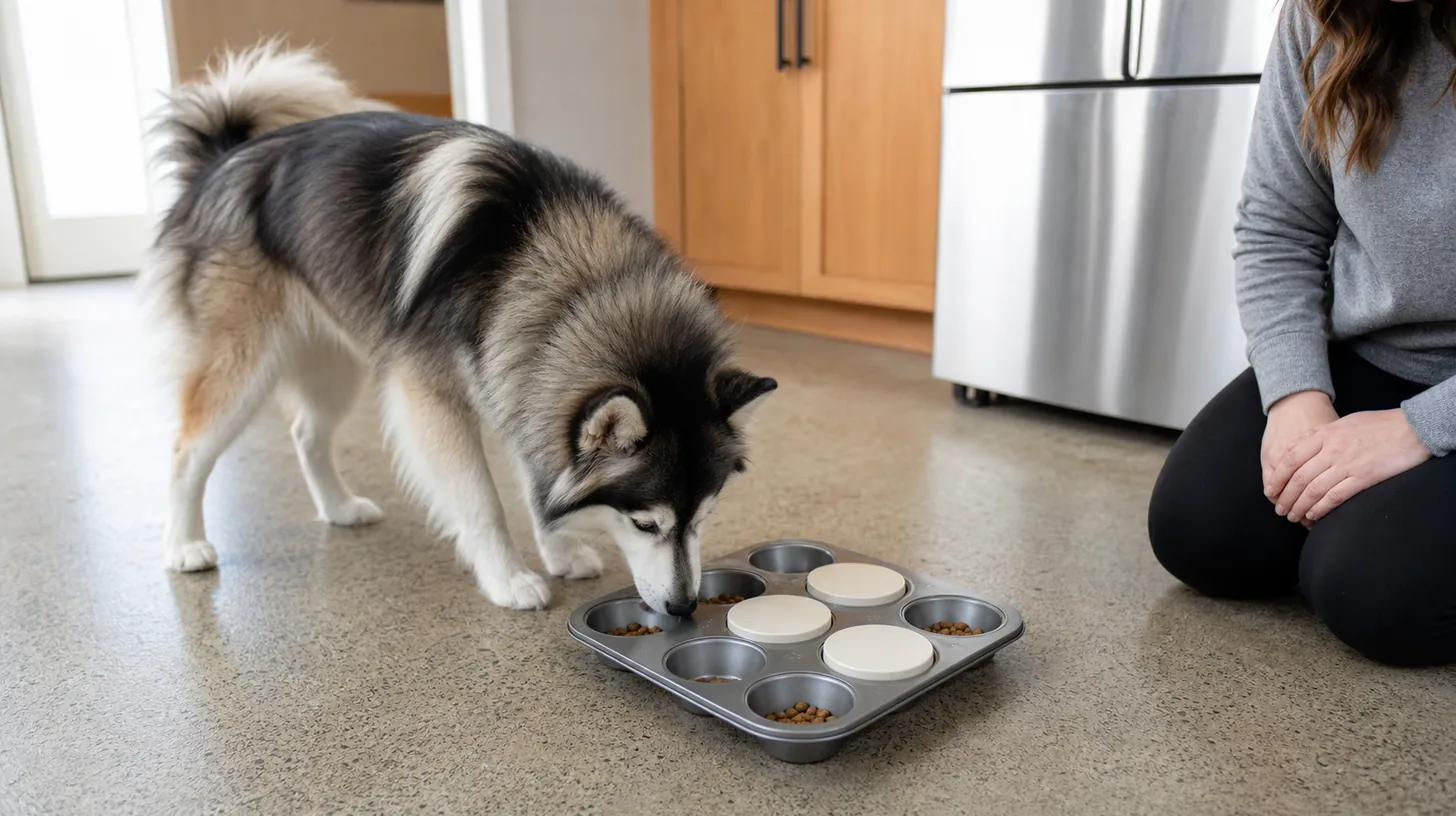 Pomsky sniffing a stable muffin-tin scent game under supervision