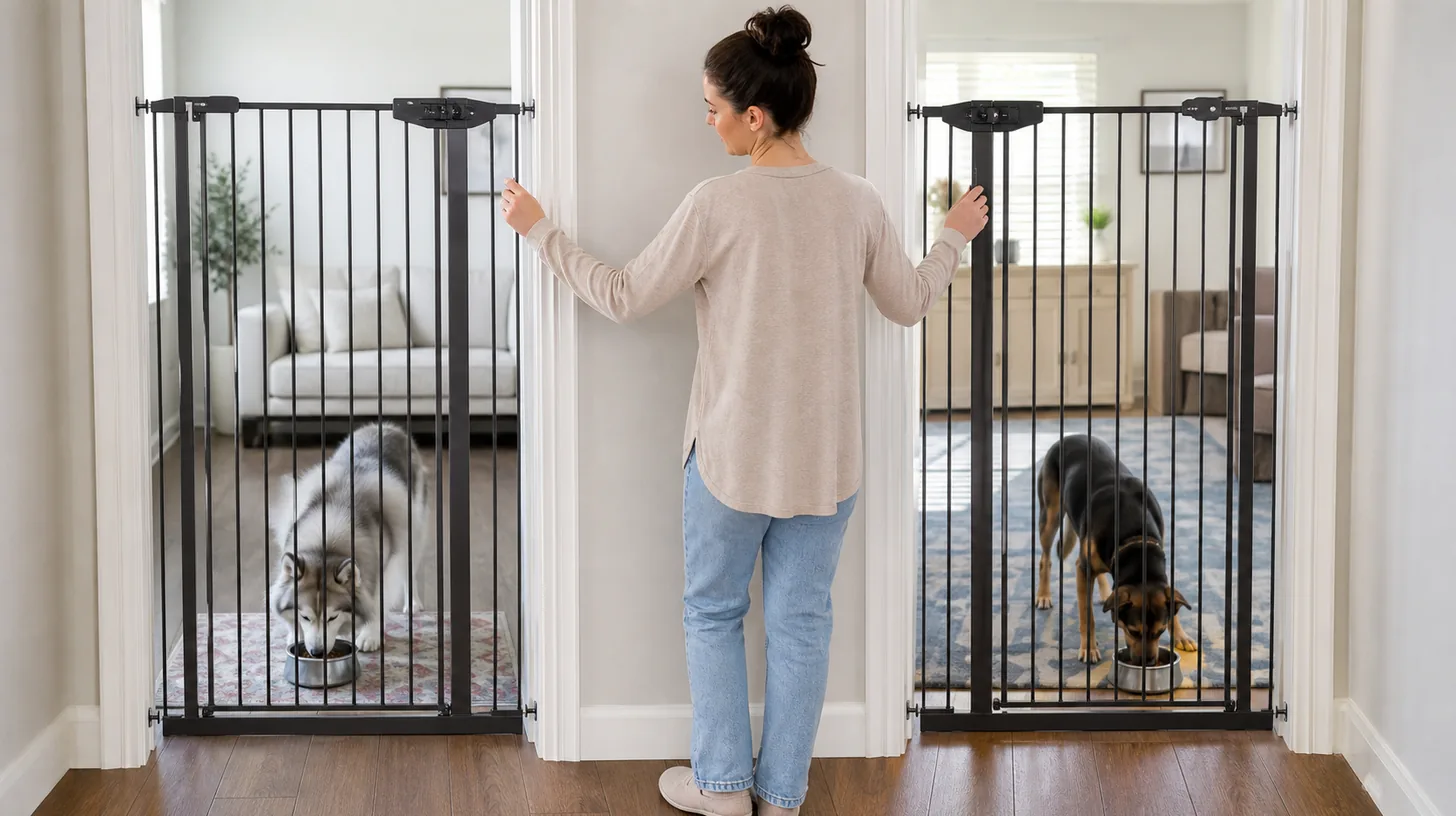 Two dogs eat in separate rooms behind closed gates while a caregiver checks both barriers