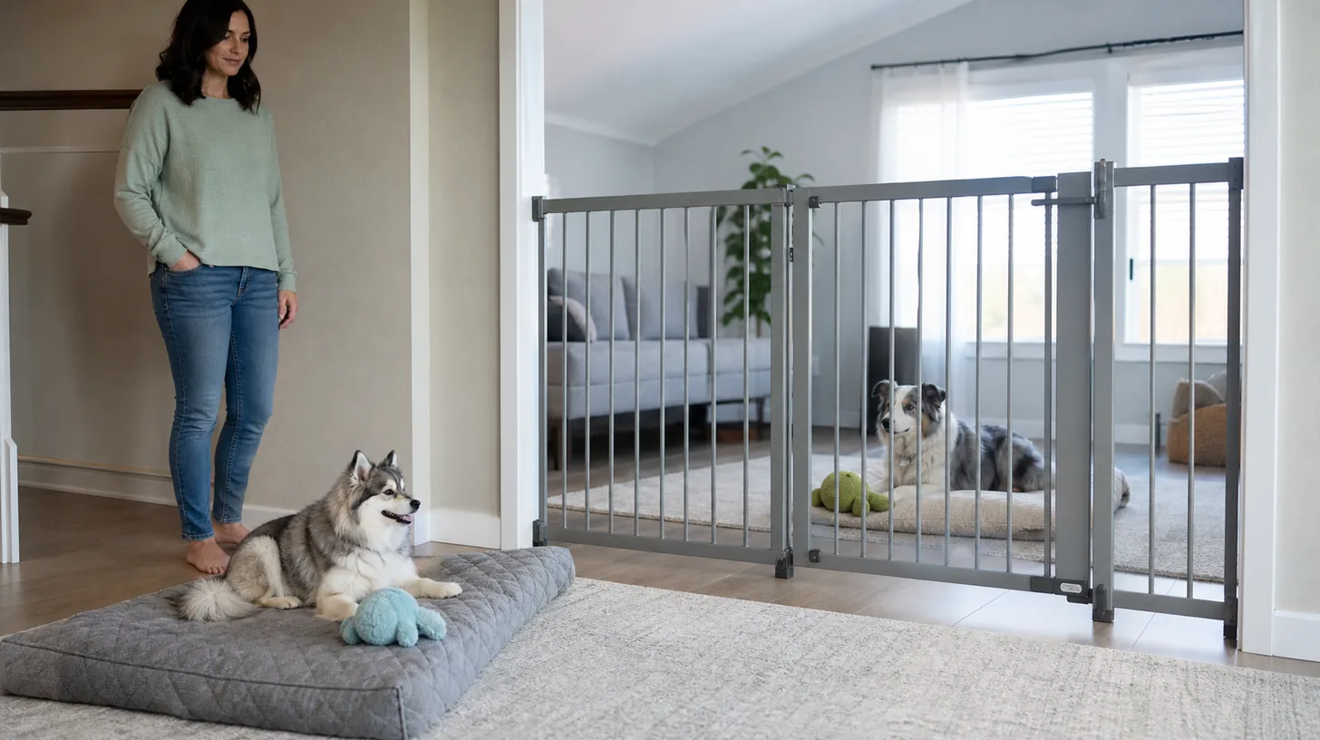 Pomsky and another dog resting in separate zones with one toy each