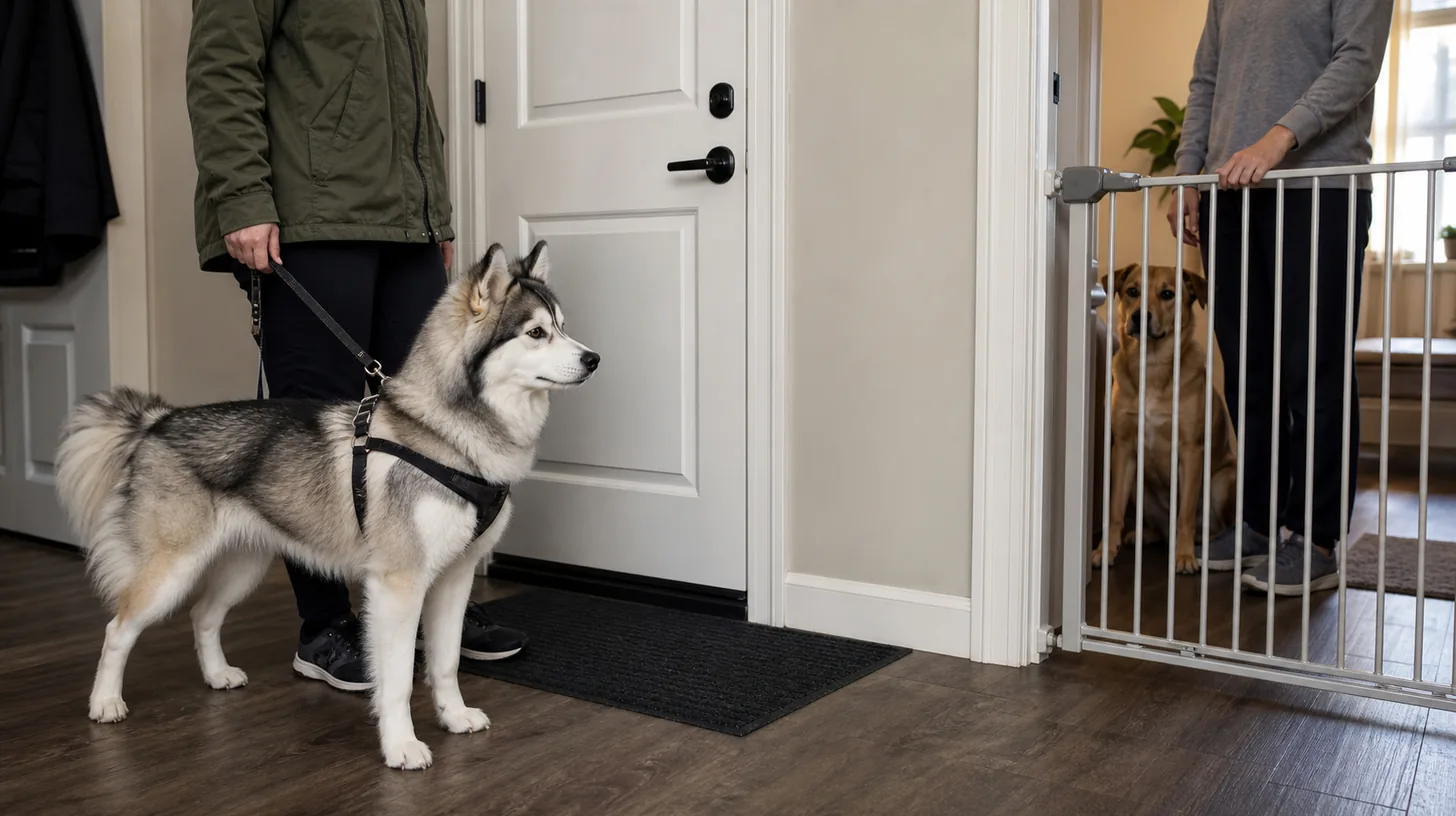 Harnessed Pomsky waits at a closed entry while another dog stays behind a gate