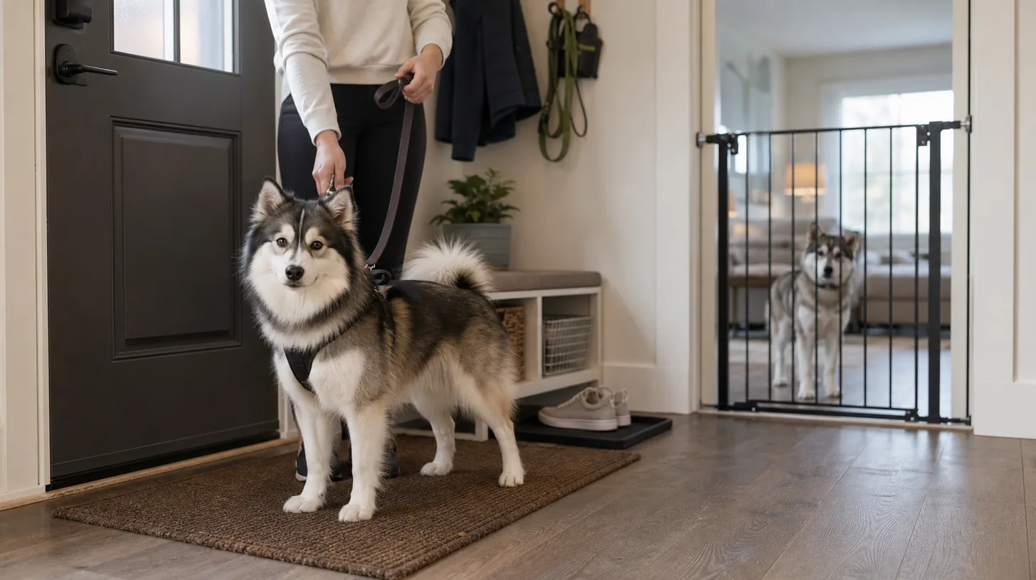 Pomsky stands on an entry mat while another dog waits behind a closed gate