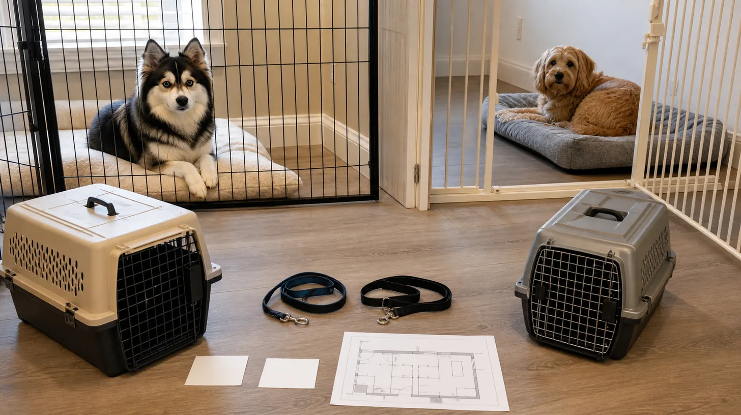 Pomsky and another dog rest in separate zones beside two carriers leashes blank order cards and an exit map