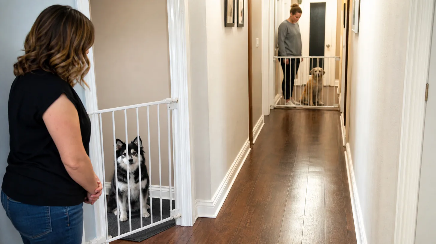 Two dogs waiting at separate gated hallway stations with one clear route