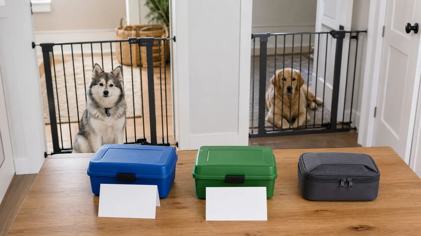 Pomsky and another dog remain behind separate gates beside closed color coded storage boxes blank cards and cleanup kit