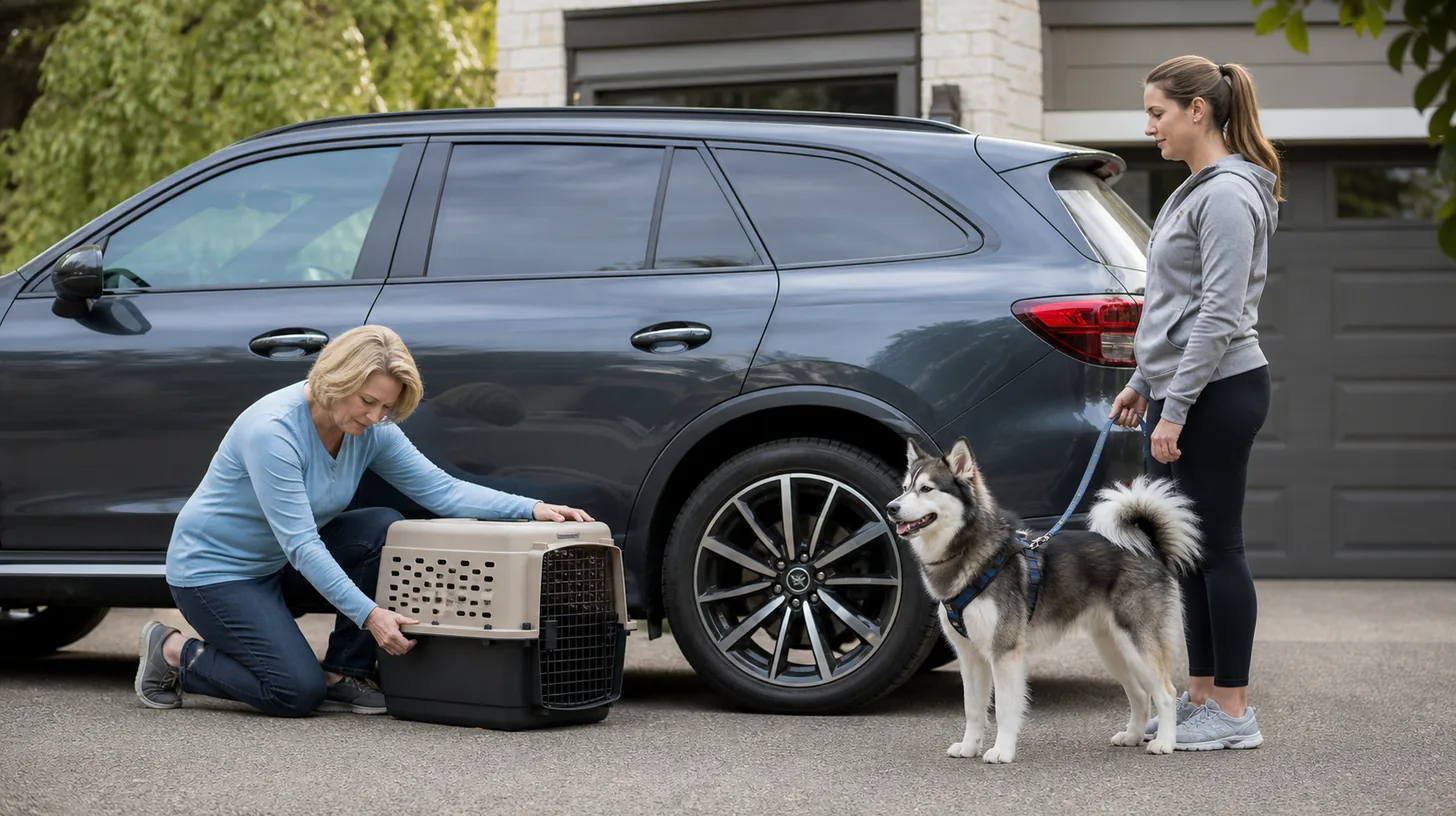 Two caregivers stage a closed carrier and harnessed Pomsky beside a closed vehicle