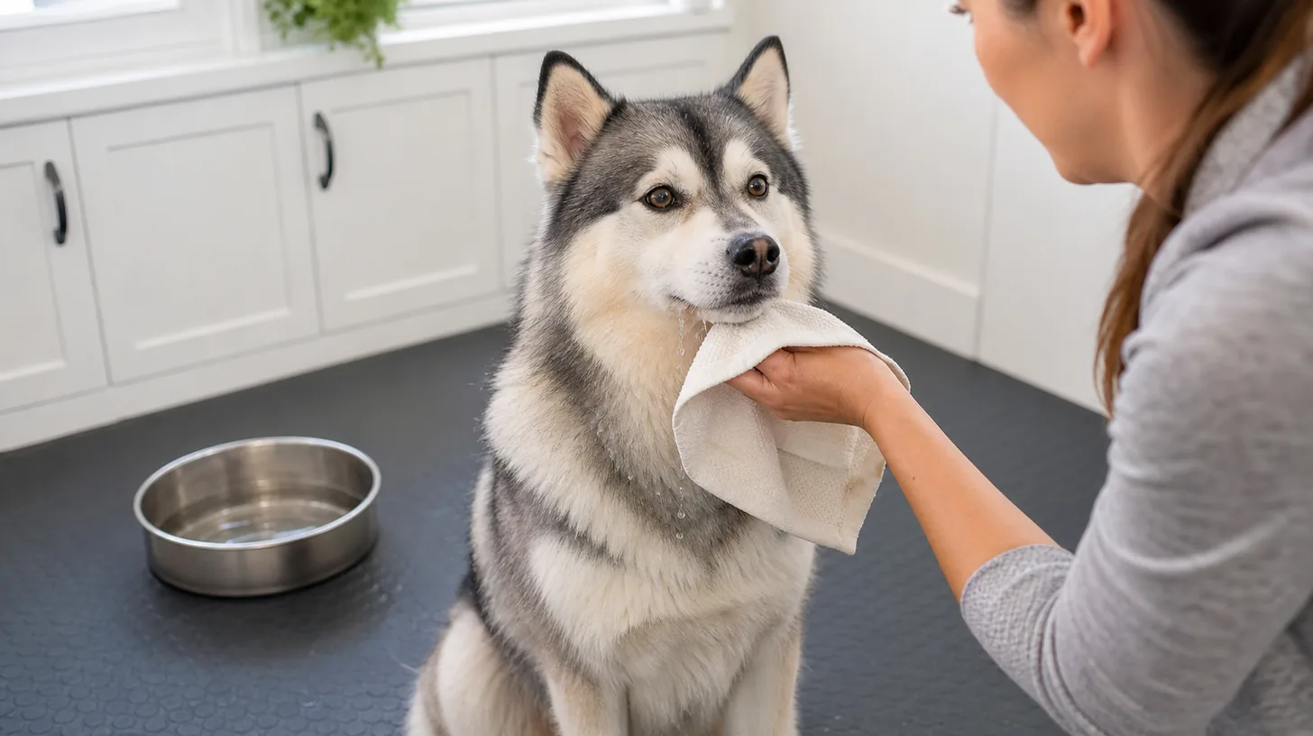 Caregiver blots wet external Pomsky chin fur while the nose mouth and eyes stay clear