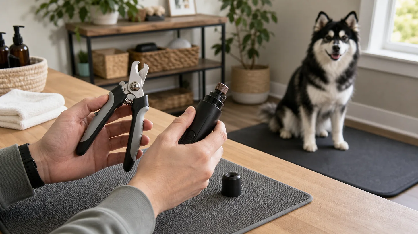 Caregiver inspects a dog nail clipper and powered-off grinder while a Pomsky waits separately