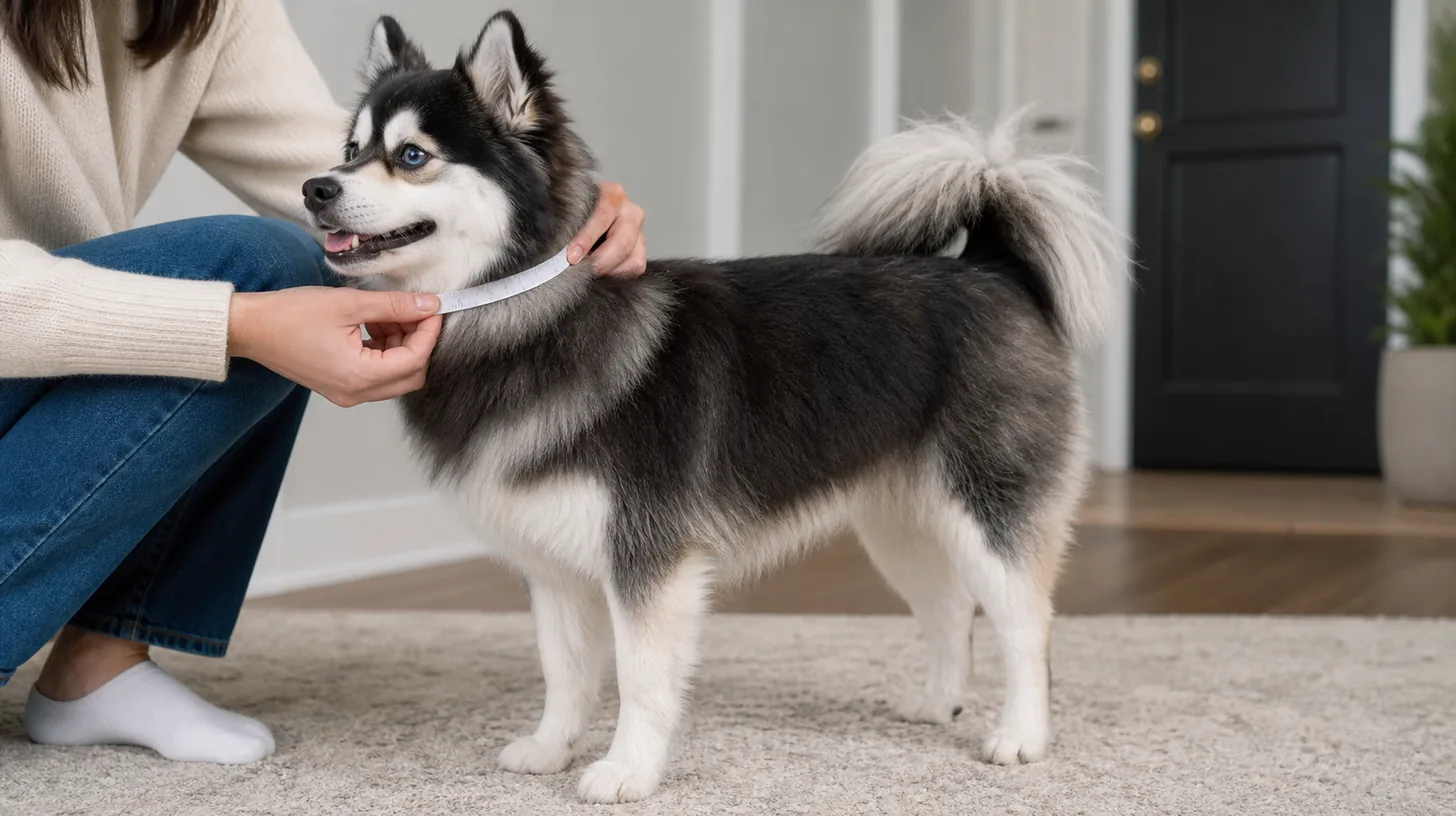 Caregiver places a soft tape around a relaxed Pomsky neck