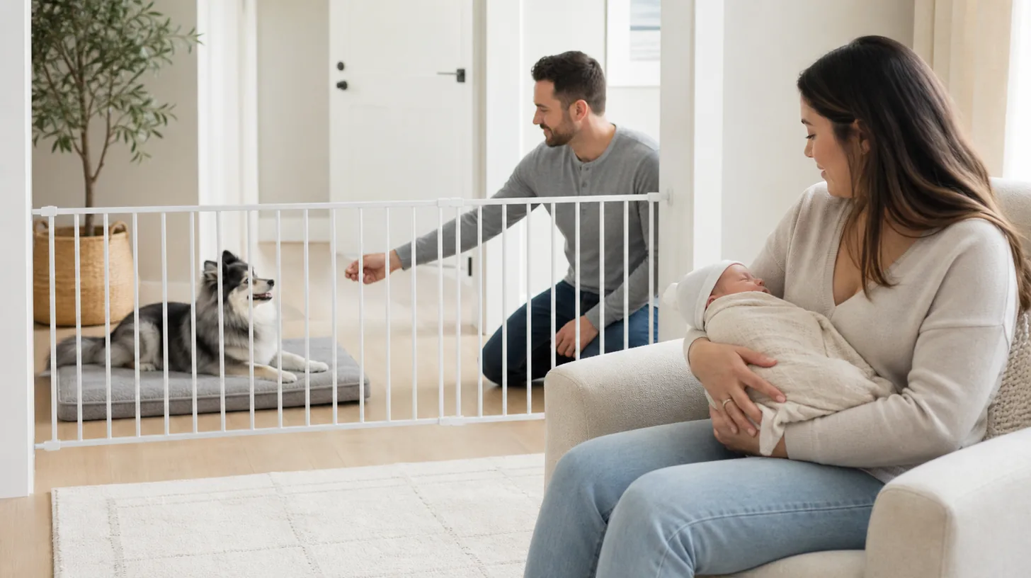 A Pomsky relaxes behind a secure gate while two adults supervise at a distance from a newborn