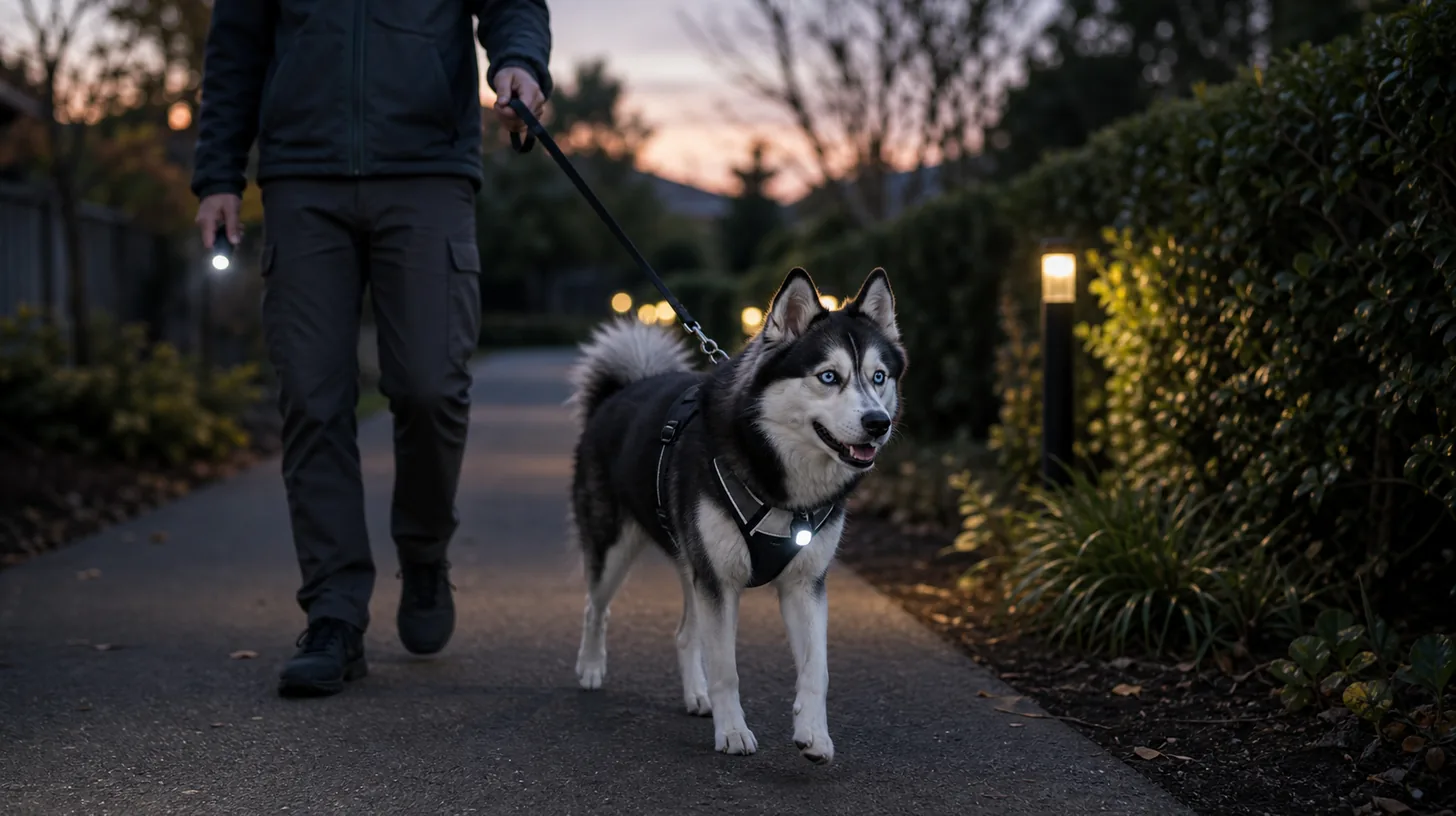 A leashed Pomsky wears fitted reflective gear and a secured light while the caregiver carries a flashlight
