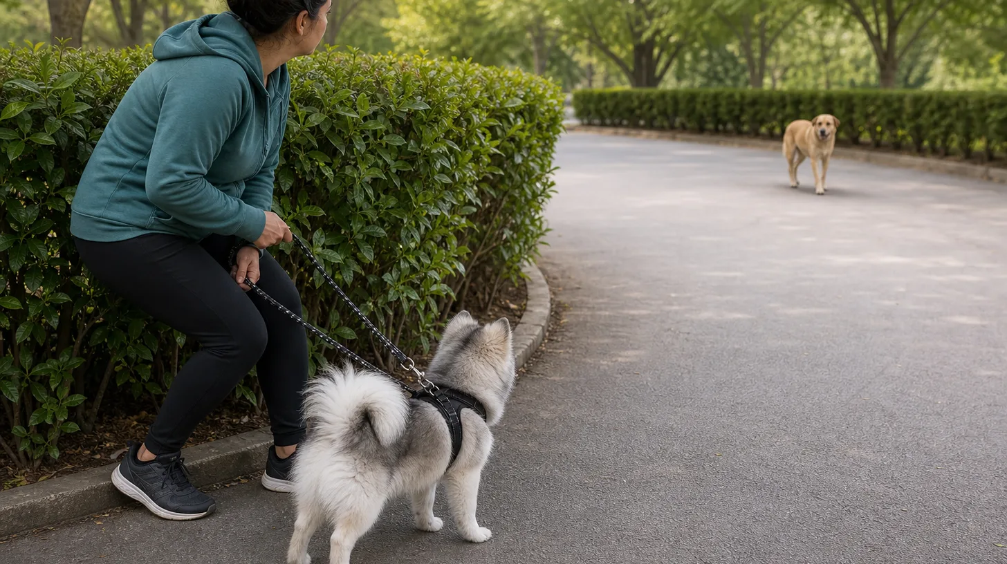 A handler creates distance with a leashed Pomsky while an unfamiliar loose dog remains farther down the path
