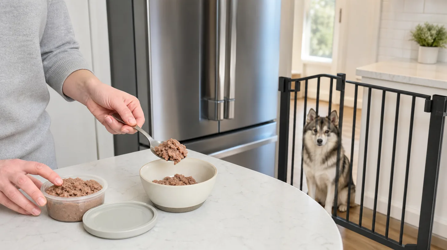 A caregiver portions wet dog food with a clean spoon while a Pomsky waits behind a closed gate