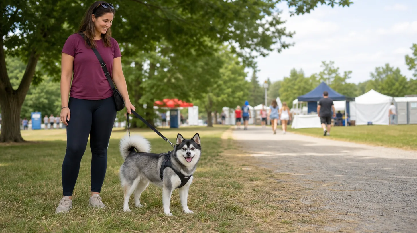 Harnessed Pomsky and caregiver pause at the quiet edge of an outdoor festival