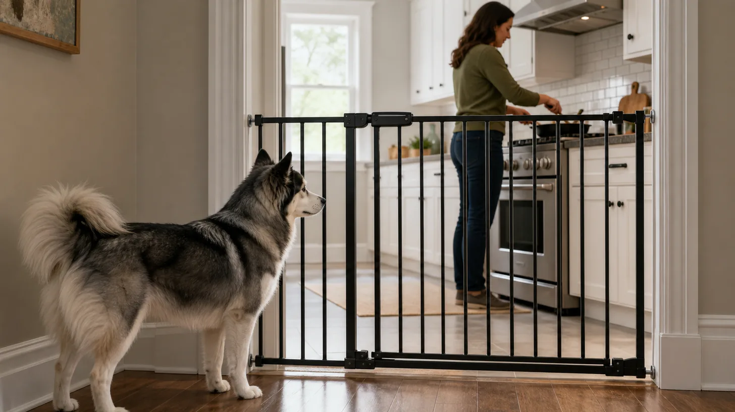 Pomsky waits outside a closed gate while a caregiver cooks at the oven and stovetop