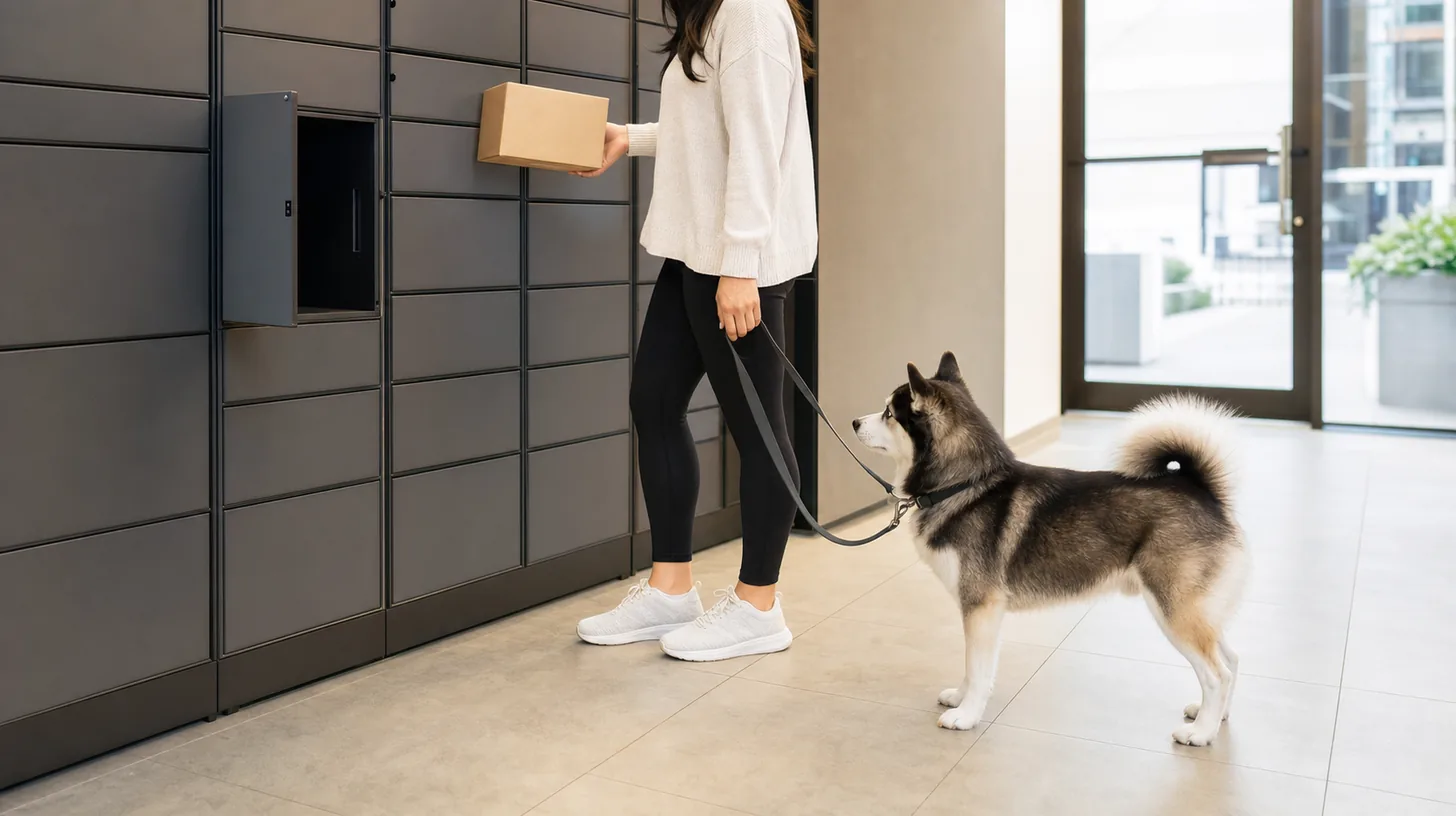 Leashed Pomsky waiting beside a caregiver at a safe distance from an open parcel locker
