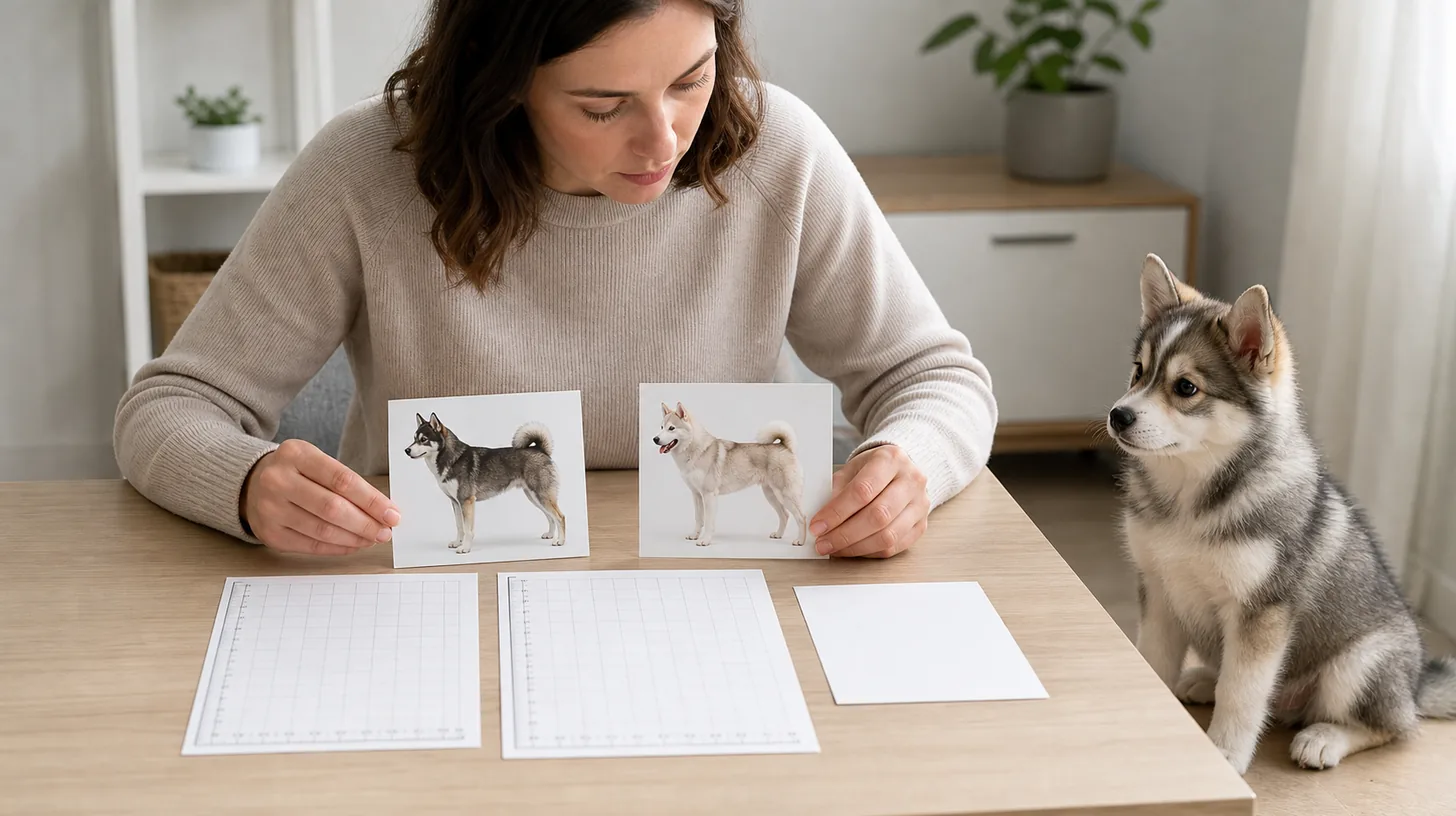 Buyer compares two parent-dog photo cards with blank measurement records beside a Pomsky puppy