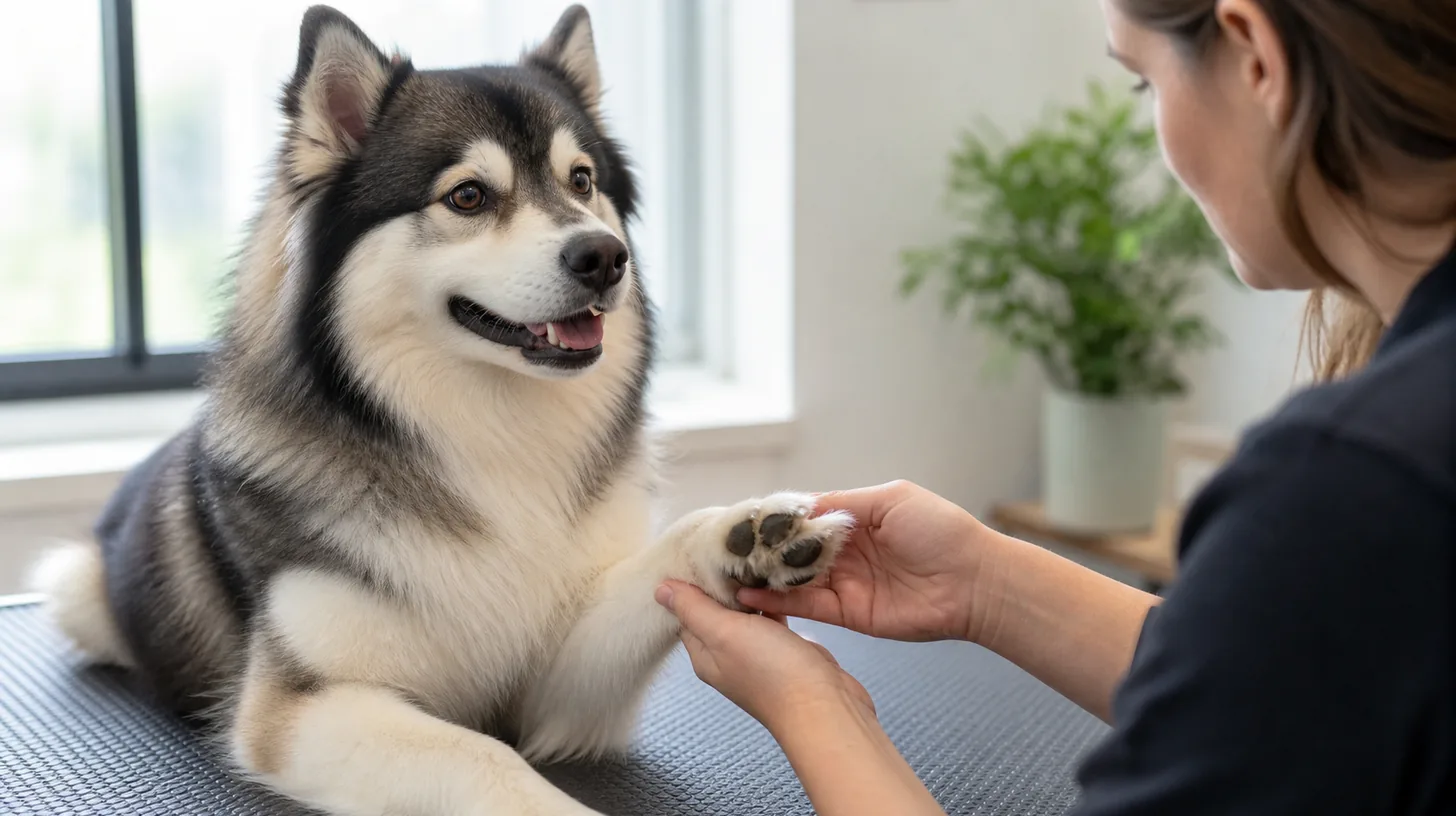 Caregiver visually checks coat around the pads of a voluntarily offered Pomsky paw