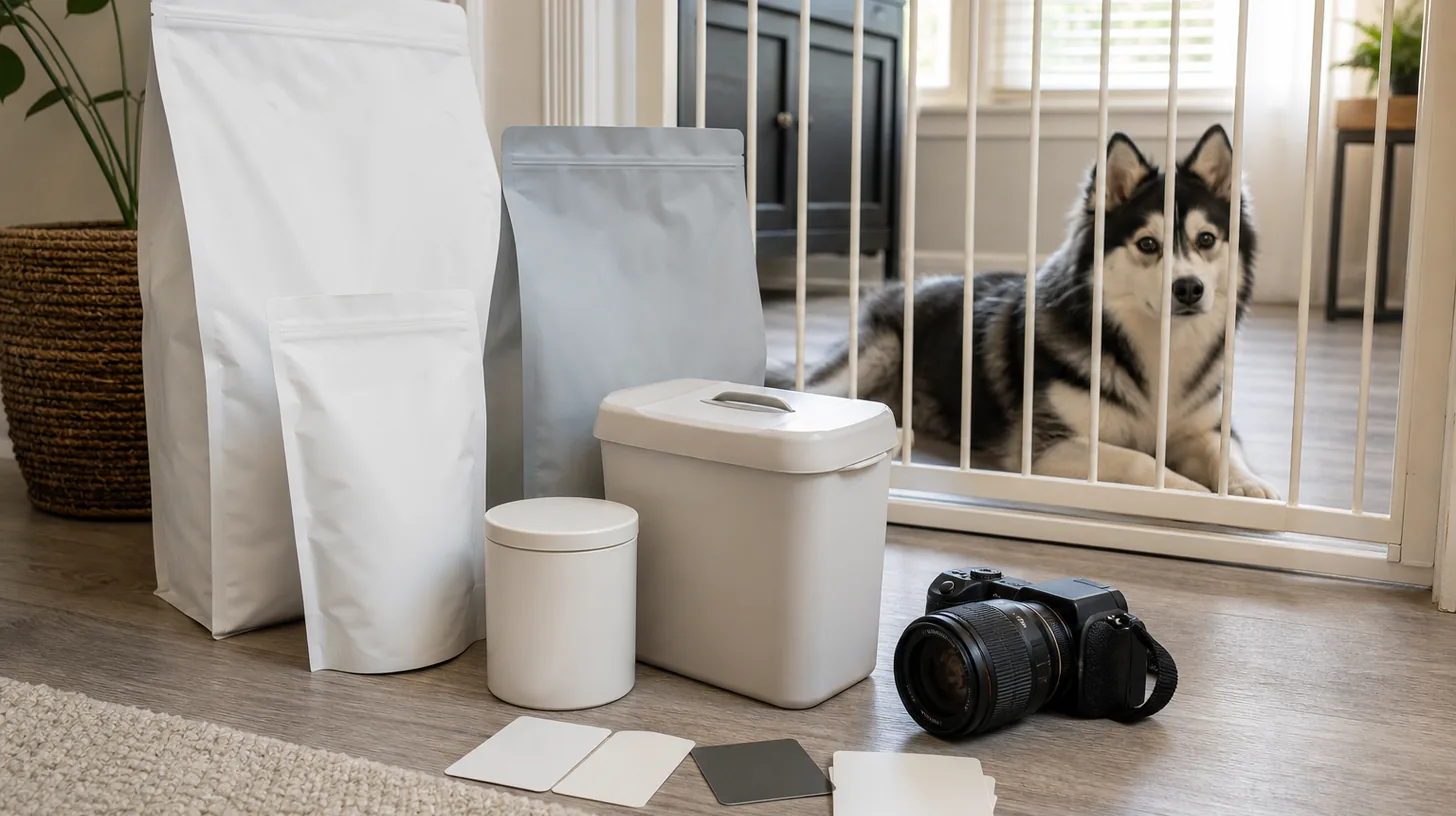 Pomsky rests behind a gate while blank food packages a camera label cards and closed storage containers are arranged