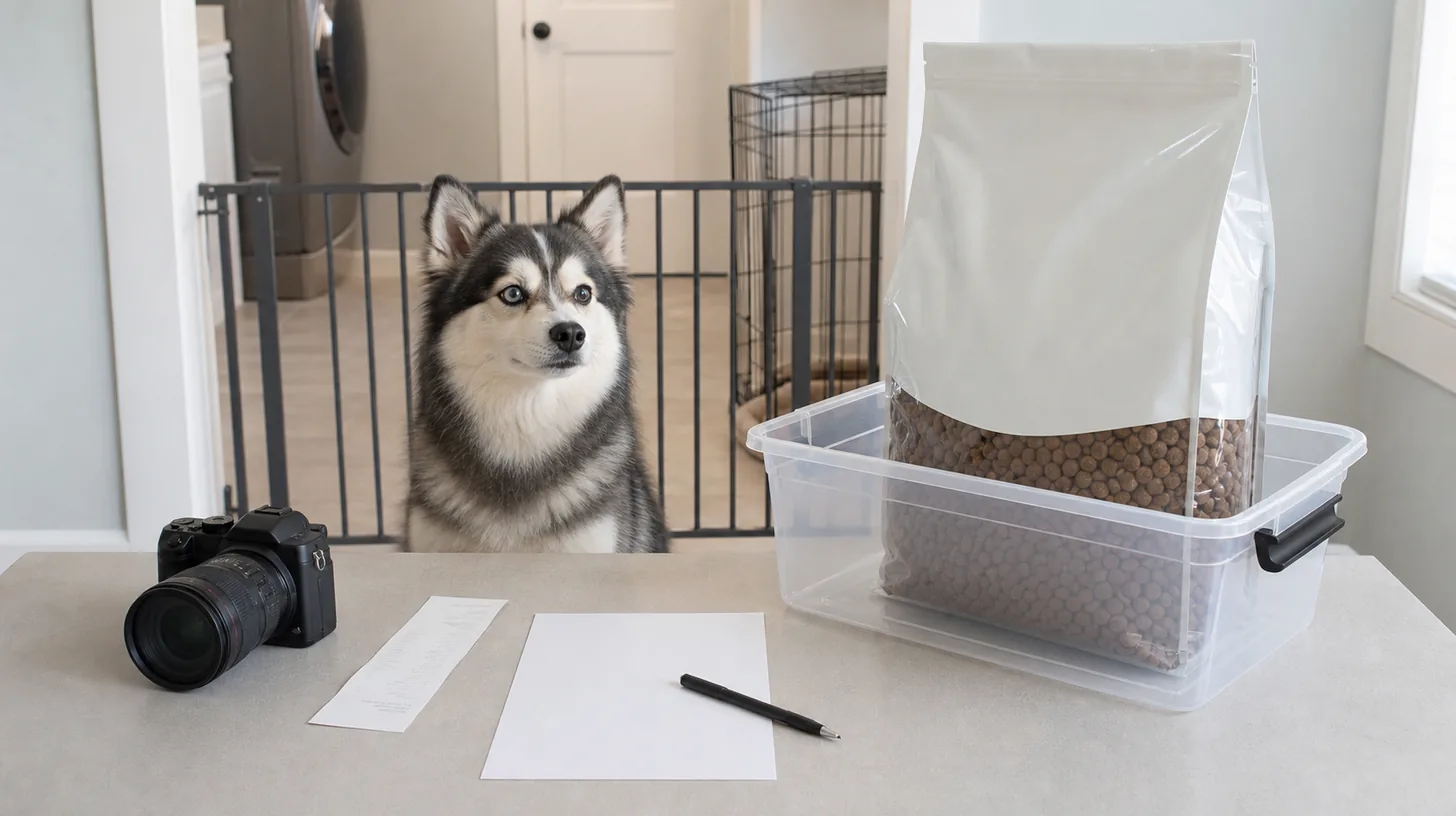 Pomsky waits behind a gate while an unbranded food package camera receipt and blank complaint sheet are isolated on a table