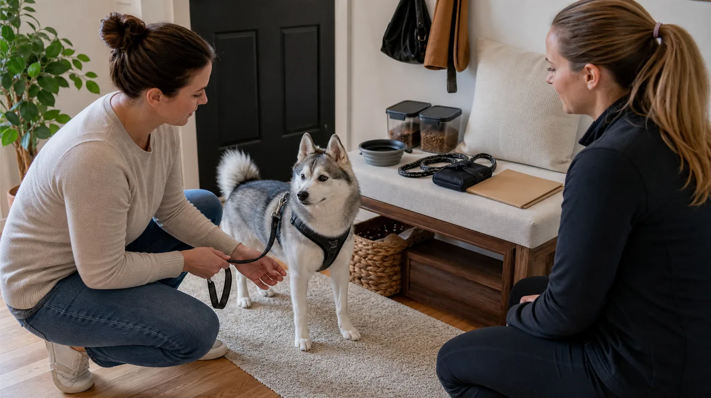 A caregiver demonstrates a Pomsky's harness and leash routine during a pet sitter handoff