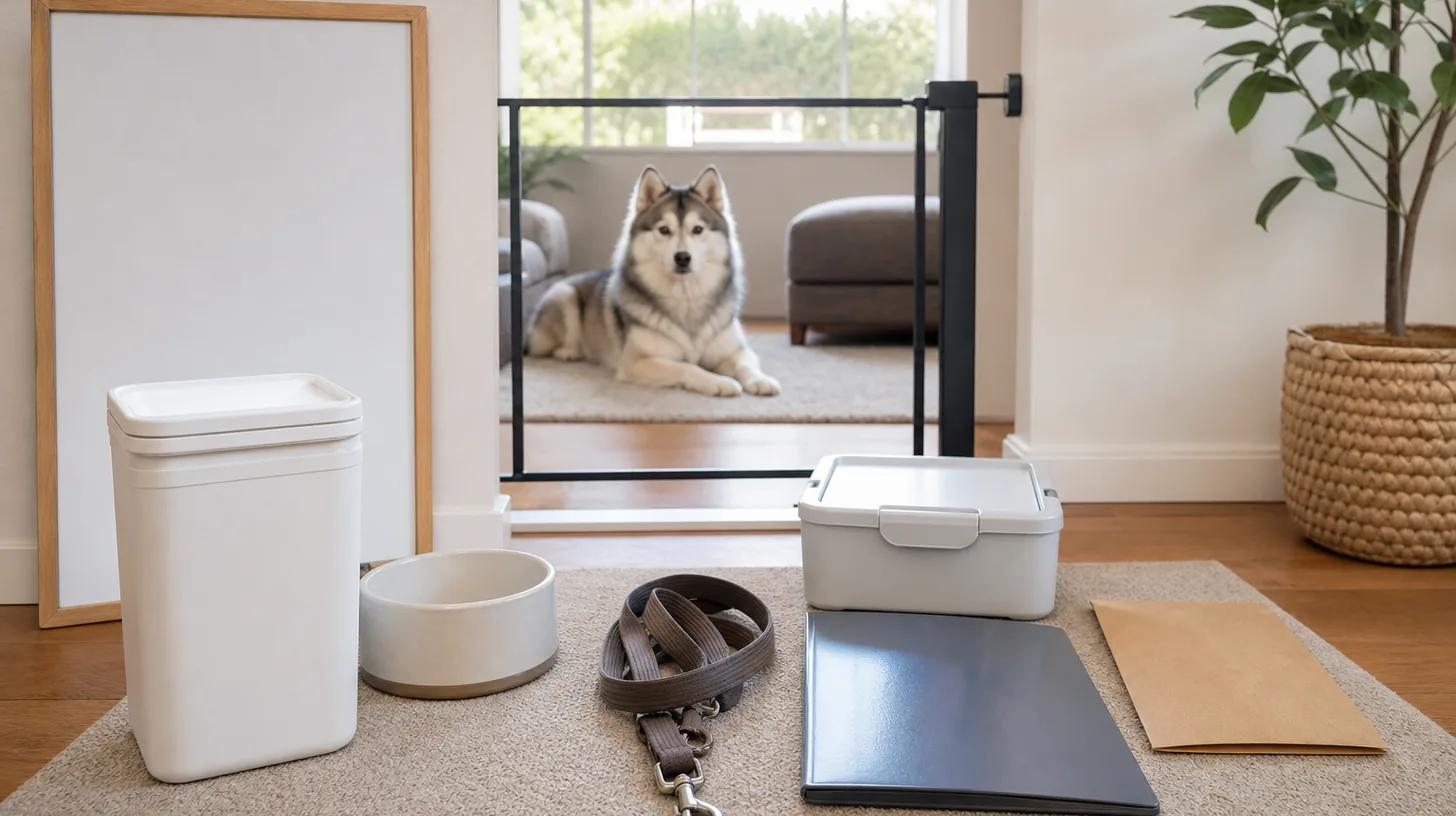 Pomsky rests behind a gate near a blank board food container bowl lead closed caddy folder and sealed envelope