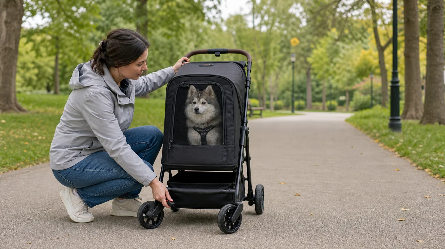 Harnessed Pomsky sits in a closed pet stroller while a caregiver checks the brake on a level path