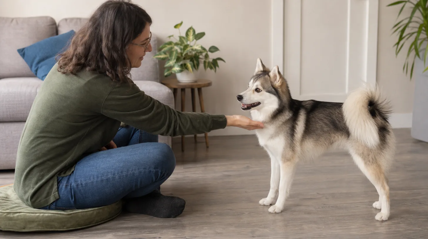 A Pomsky voluntarily approaches a seated caregiver for gentle contact