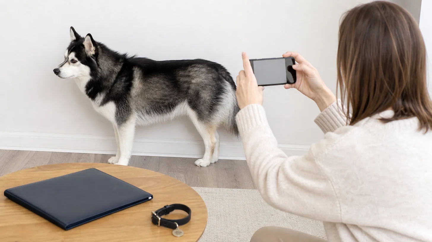 Caregiver taking a clear side-profile photo of a relaxed Pomsky beside a blank secure record folder