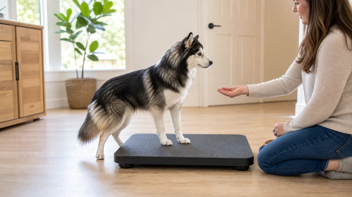 Pomsky keeping the front paws on a low nonslip platform while making one small hind-end pivot step