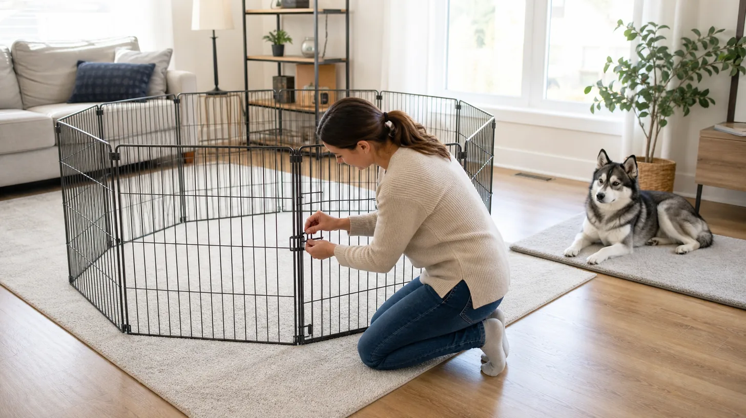 Caregiver checks the stability of an empty portable exercise pen while a Pomsky waits separately