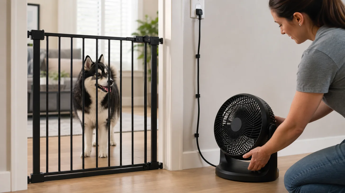 Pomsky remains behind a gate while a caregiver positions a switched-off portable fan