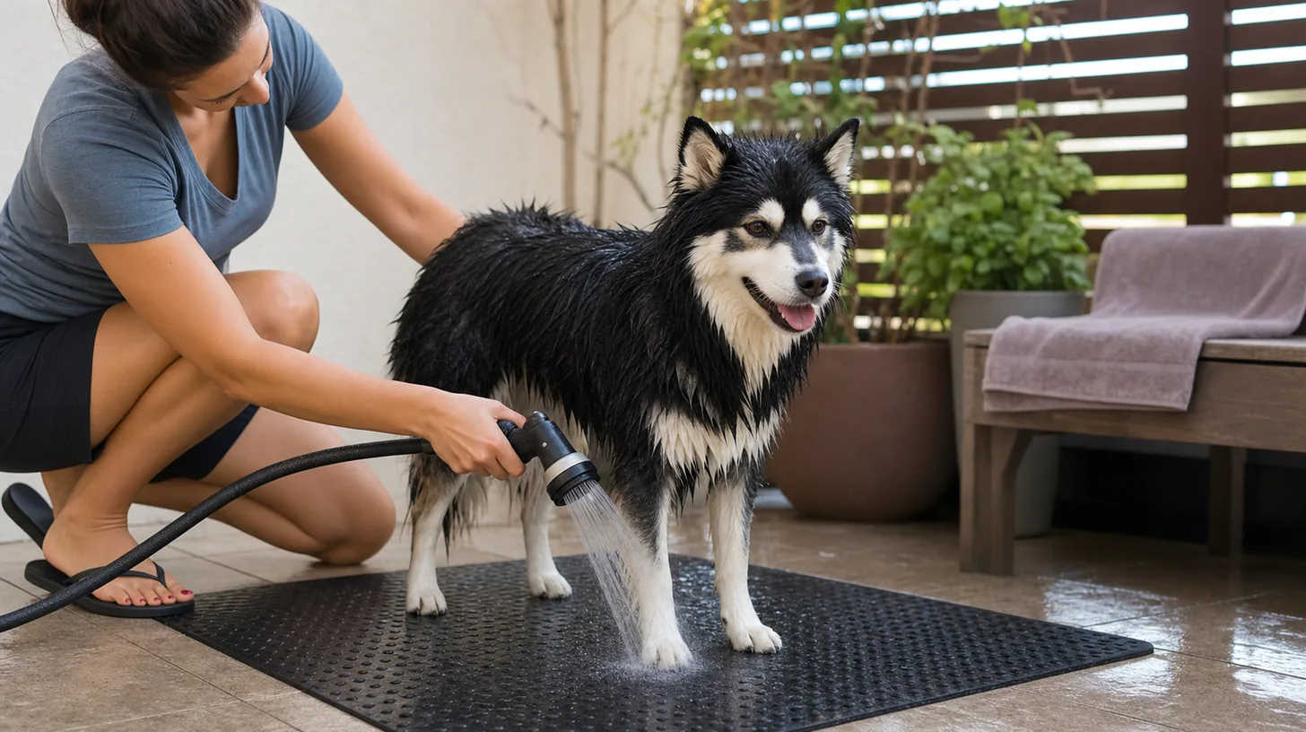 Caregiver gently rinses a wet Pomsky's lower body and paws on a nonslip patio mat