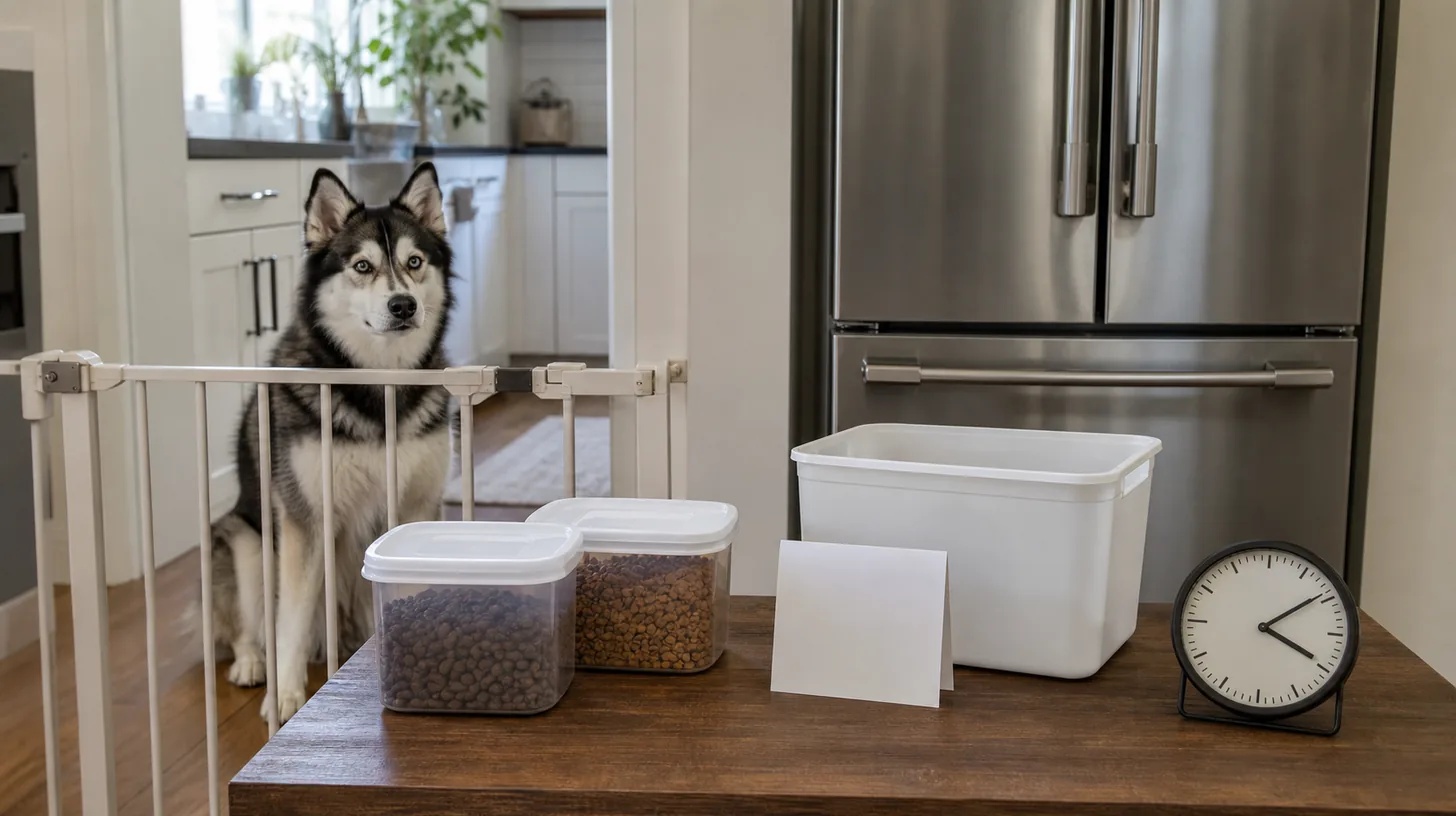 Pomsky waits behind a gate while closed food containers a quarantine bin blank card and clock sit beside a closed refrigerator