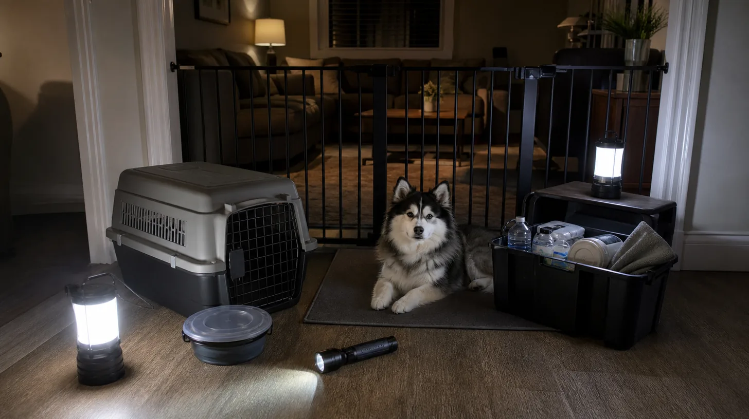 A Pomsky rests with a carrier, water, flashlight, and battery lanterns during a power outage