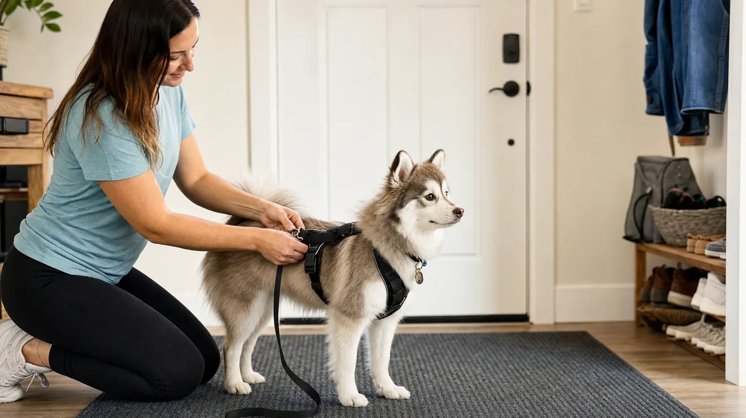 A caregiver clips a slack leash to a Pomsky harness before a walk