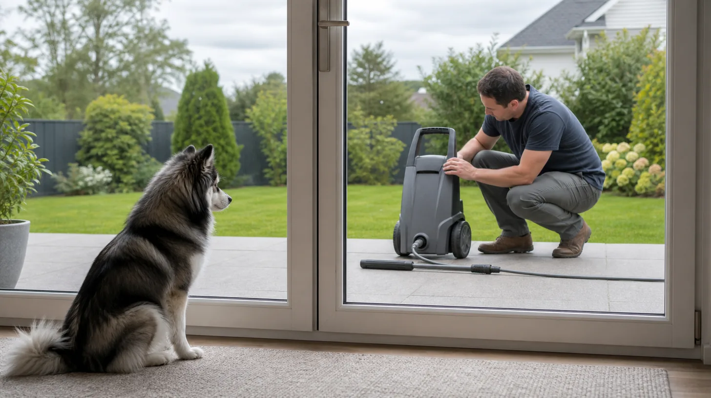 Pomsky indoors behind a closed glass door while a caregiver inspects a switched-off pressure washer outside