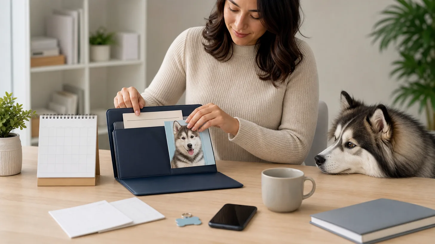 A caregiver organizes a Pomsky preventive-care folder and calendar at a desk