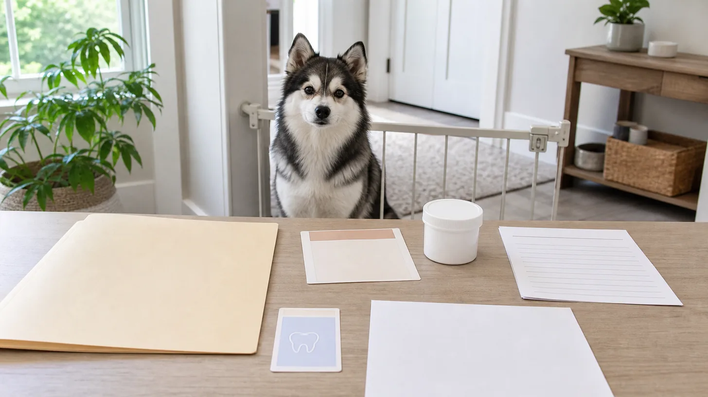 Pomsky waits behind a gate while a preventive visit folder blank logs label card and closed container are prepared
