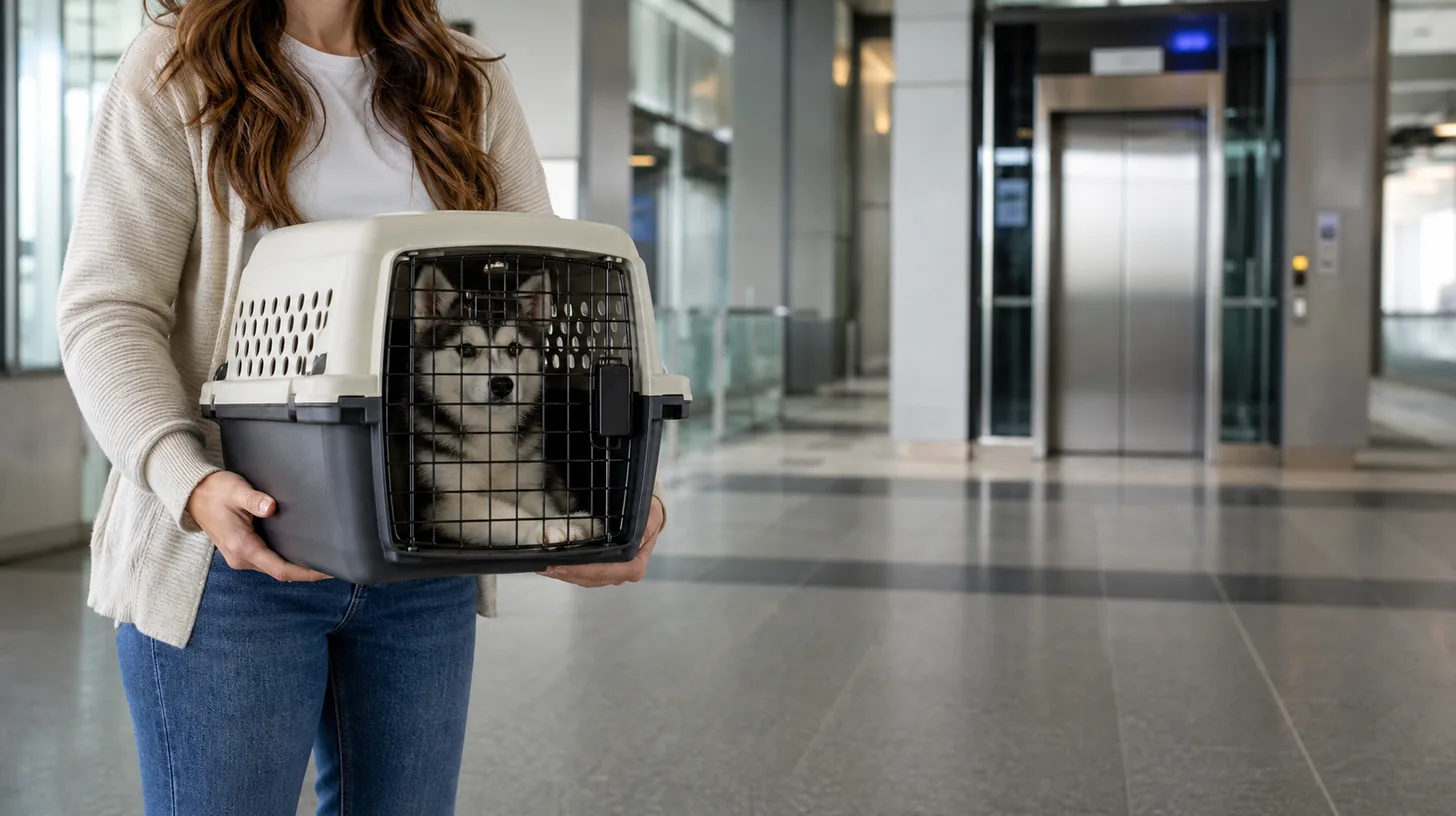 Caregiver supporting a closed Pomsky carrier in a quiet transit station
