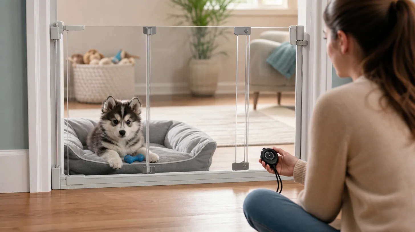 Pomsky puppy rests behind a secure indoor gate while a nearby caregiver times a brief separation practice