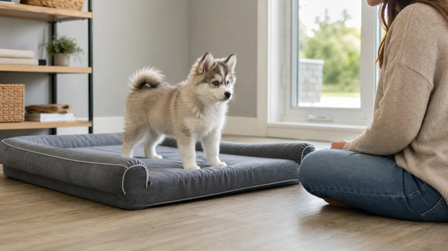 Pomsky puppy voluntarily stands on a low floor bed while a caregiver sits nearby