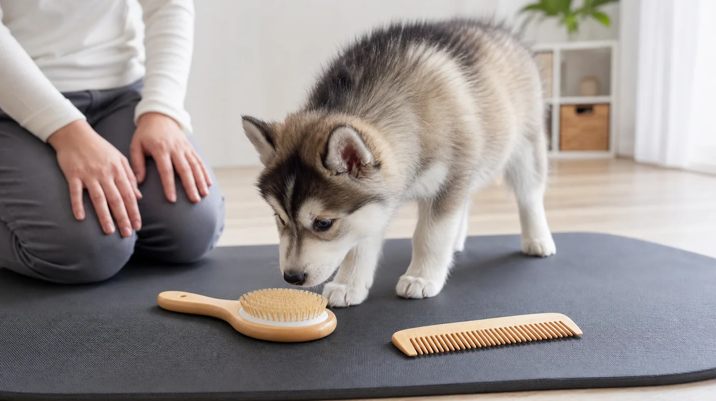 Pomsky puppy voluntarily inspects a soft brush and wide comb on a nonslip mat