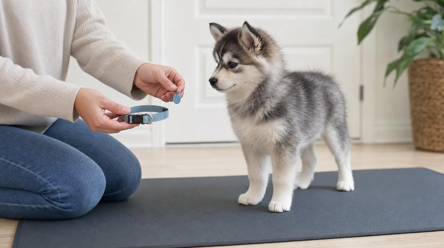 Pomsky puppy calmly observes a lightweight collar and identification tag beside a caregiver