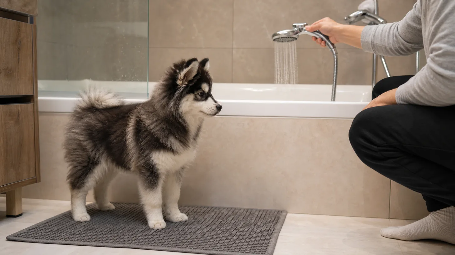 Pomsky puppy stands on a dry nonslip bath mat while a caregiver tests water away