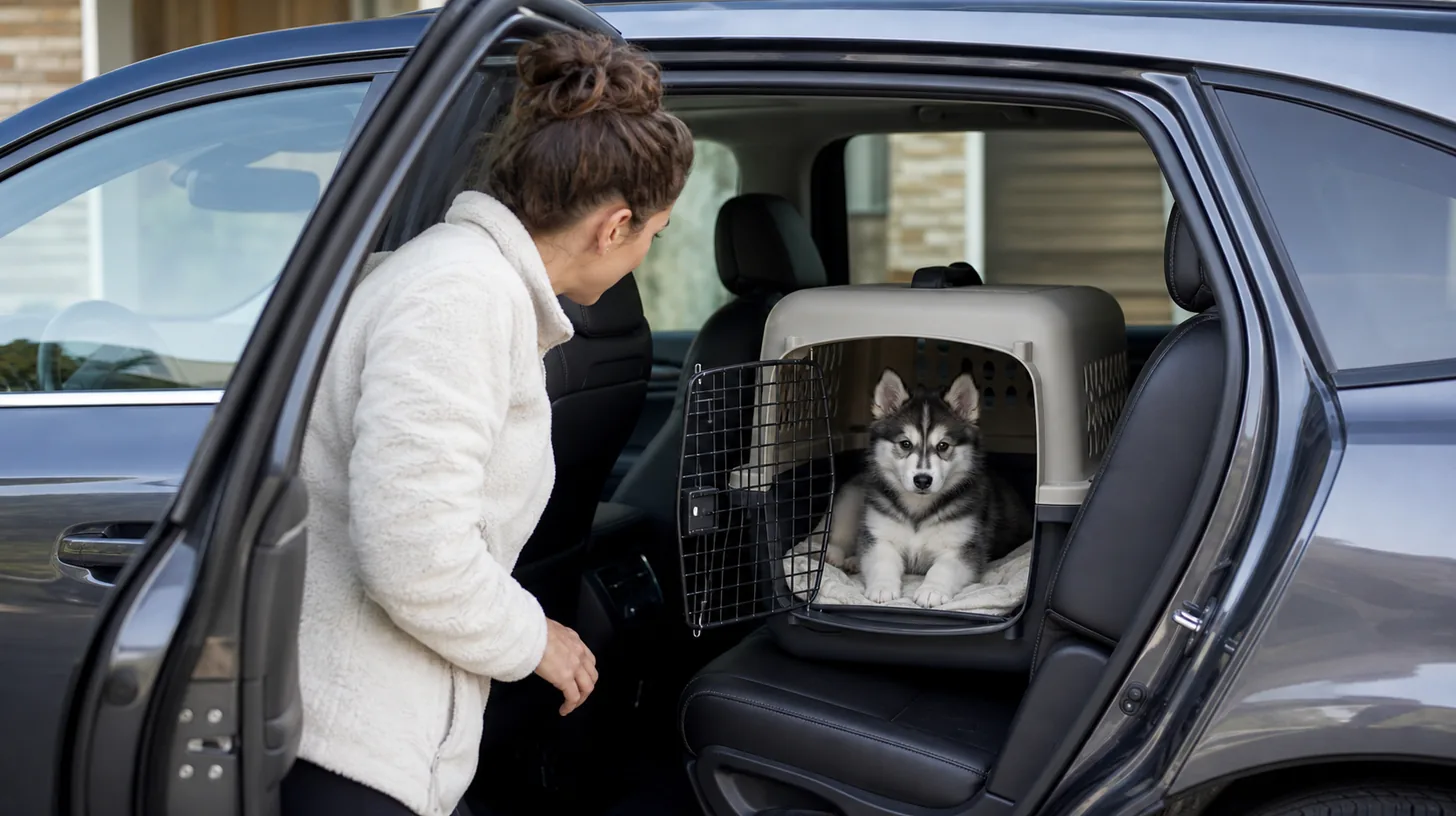 Pomsky puppy sits calmly in a secured carrier on the rear seat of a parked car