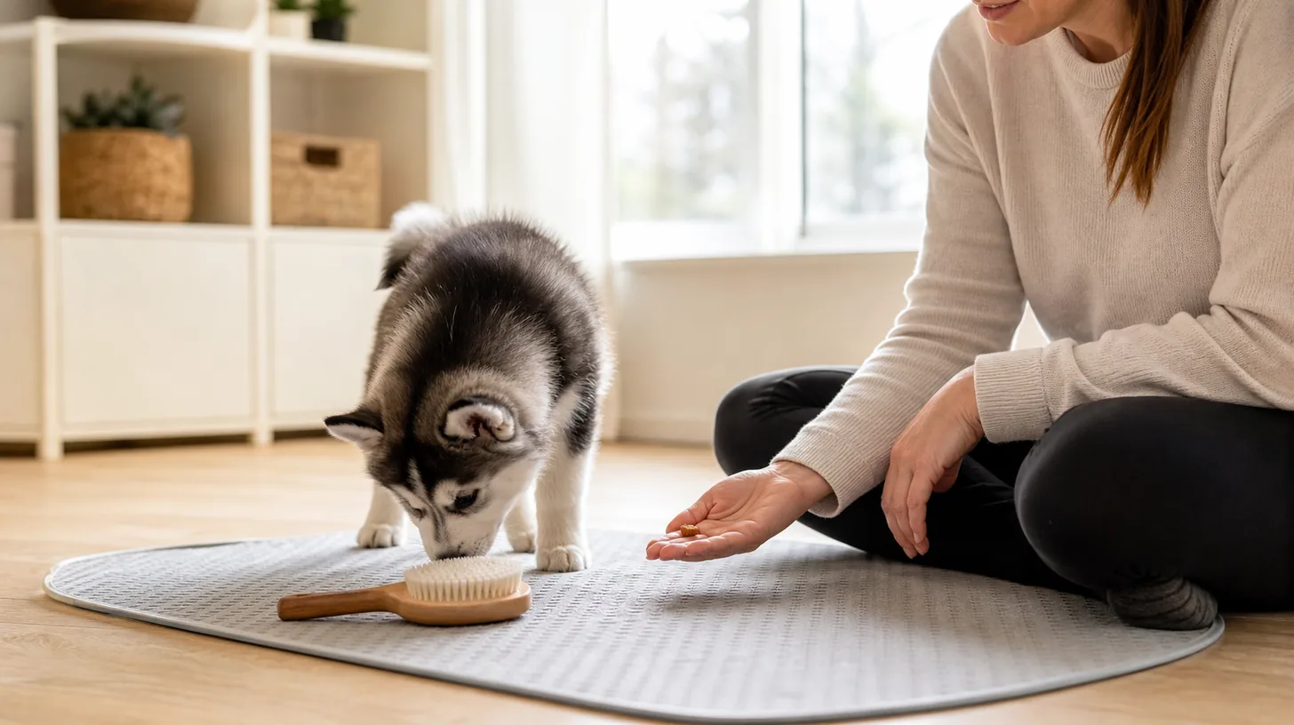 A Pomsky puppy voluntarily sniffs an inactive grooming brush on a low nonslip mat